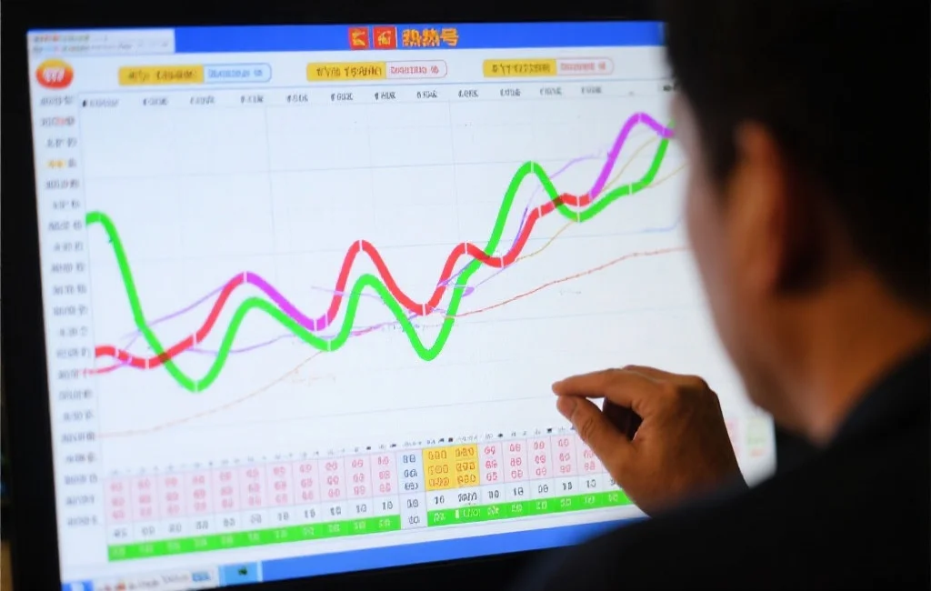 一个人在分析彩票走势图,屏幕上显示不同颜色的曲线代表热号和冷号的走势变化